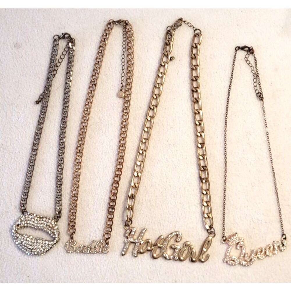 Goldtone Rhinestone Bold Chain Statement Necklace Lot Baddie Hot Girl Queen Lips